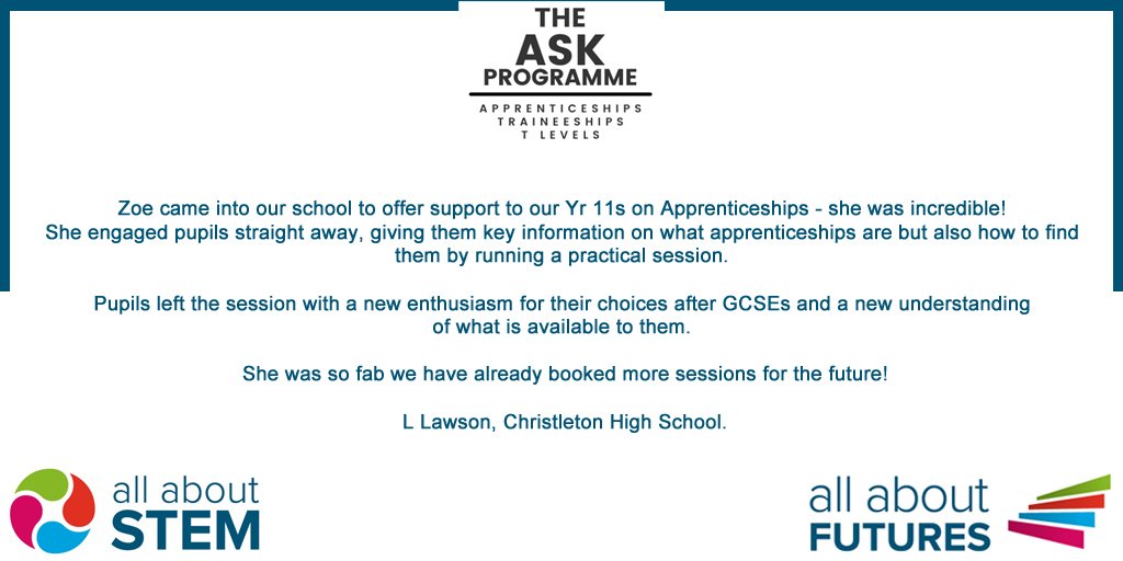Thank you so much to @ChristletonHS for your amazing feedback! We're so glad to hear that your learners were inspired by their Apprenticeships sessions & Zoë can't wait to come back in January! @AllAboutSTEM @NorthASK @AmazingAppsUK @Apprenticeships @FireItUp_Apps