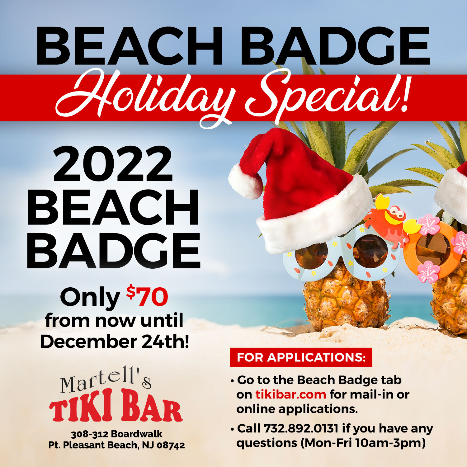 Martells Tiki Bar Christmas Party 2022 Martell's Tiki Bar On Twitter: "Martell's Beach Badge Holiday Special Is  Here! 🏖️ Get Your 2022 Beach Badge For Only $70 From Now Through December  24Th. 🎅 Visit Https://T.co/Iuqdpmdmp6 To Purchase!  Https://T.co/5Lvo5Hjl4Q" /