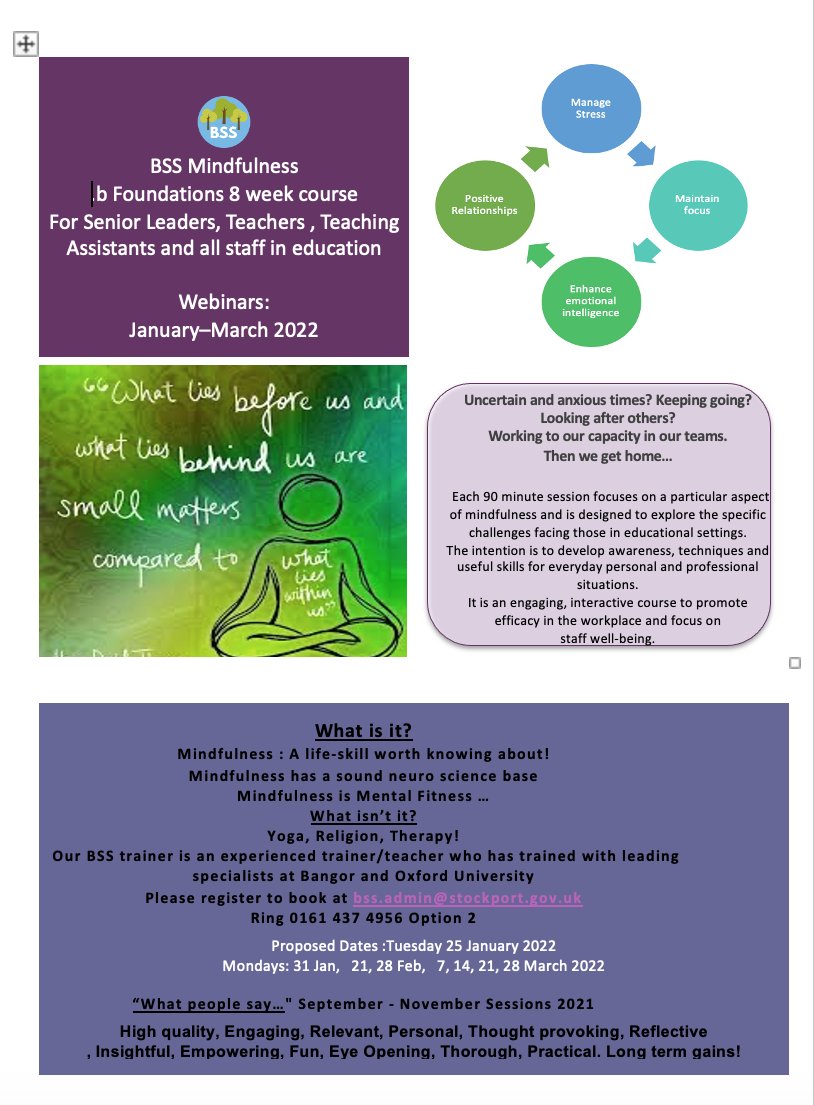 Stockport_IS's tweet photo. Amazing response from our last 3 courses- check out the next BSS Mindfulness Course in Jan 2022. Free to all Stockport Schools applicants. Mindfulness is mental fitness!
#@stockportbss, #mindfulness, #@mindfuled139 #stockportschools #wellbeing
https://t.co/aXnhOgEx10 https://t.co/VoM1VIznPI