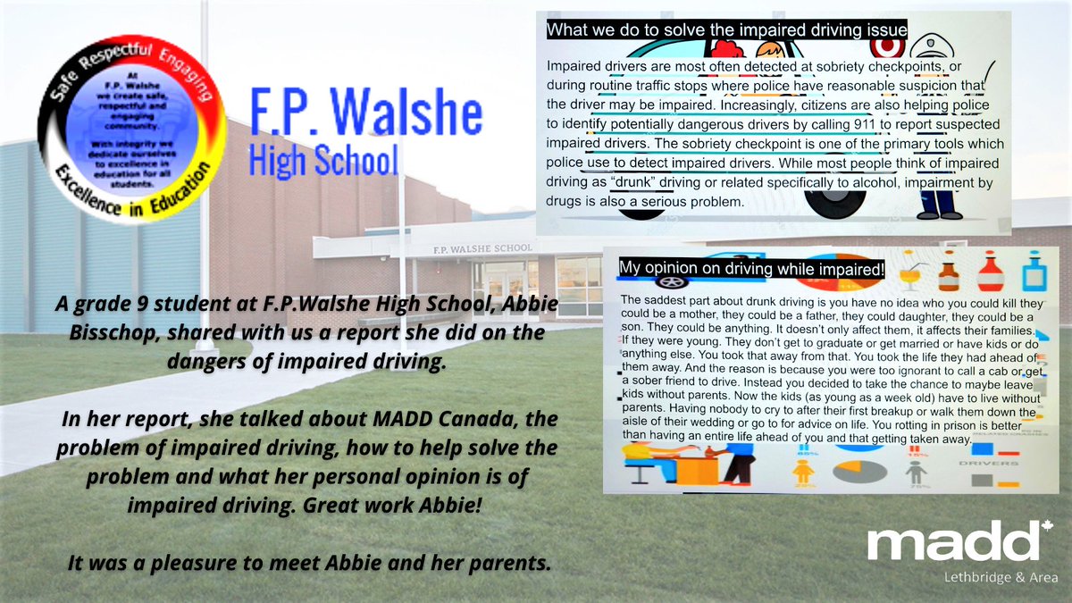 MADDLethbridge's tweet photo. MADD Lethbridge & Area volunteers had the pleasure of meeting a young grade 9 student from F.P. Walshe High School in Fort Macleod, Abbie Bisschop. Abbie shared her report on the dangers of impaired driving. #MADDCanada #fpwalsheschool #schoolpresentation #StopImpairedDriving https://t.co/c7IbDEBddc