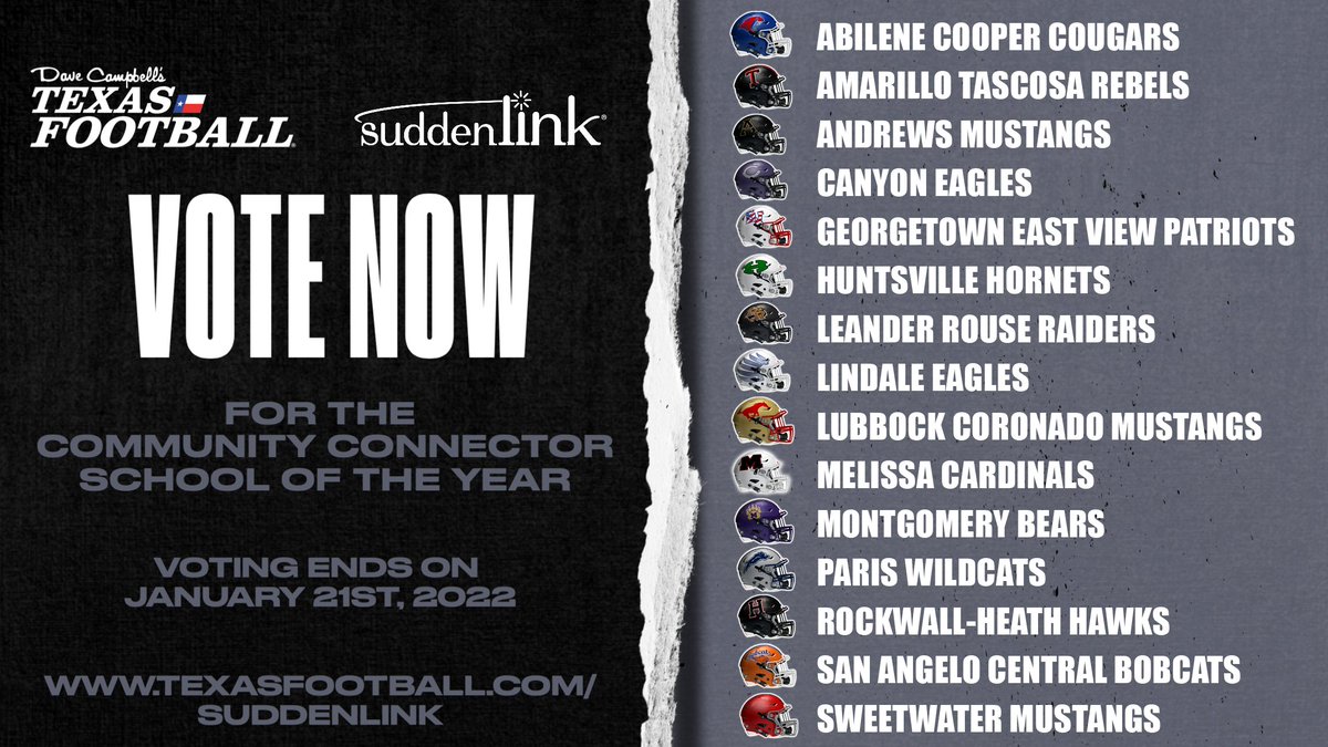 dctf's tweet photo. Do you think Georgetown East View - @PatriotPride13 - should be the Community Connector School of the Year?

VOTE for them ➡️ https://t.co/qC5VjM6keM

Voting = unlimited | 🛑 on Jan 21, 2022

@Suddenlink | #dctf #txhsfb https://t.co/26BSMnEmeM