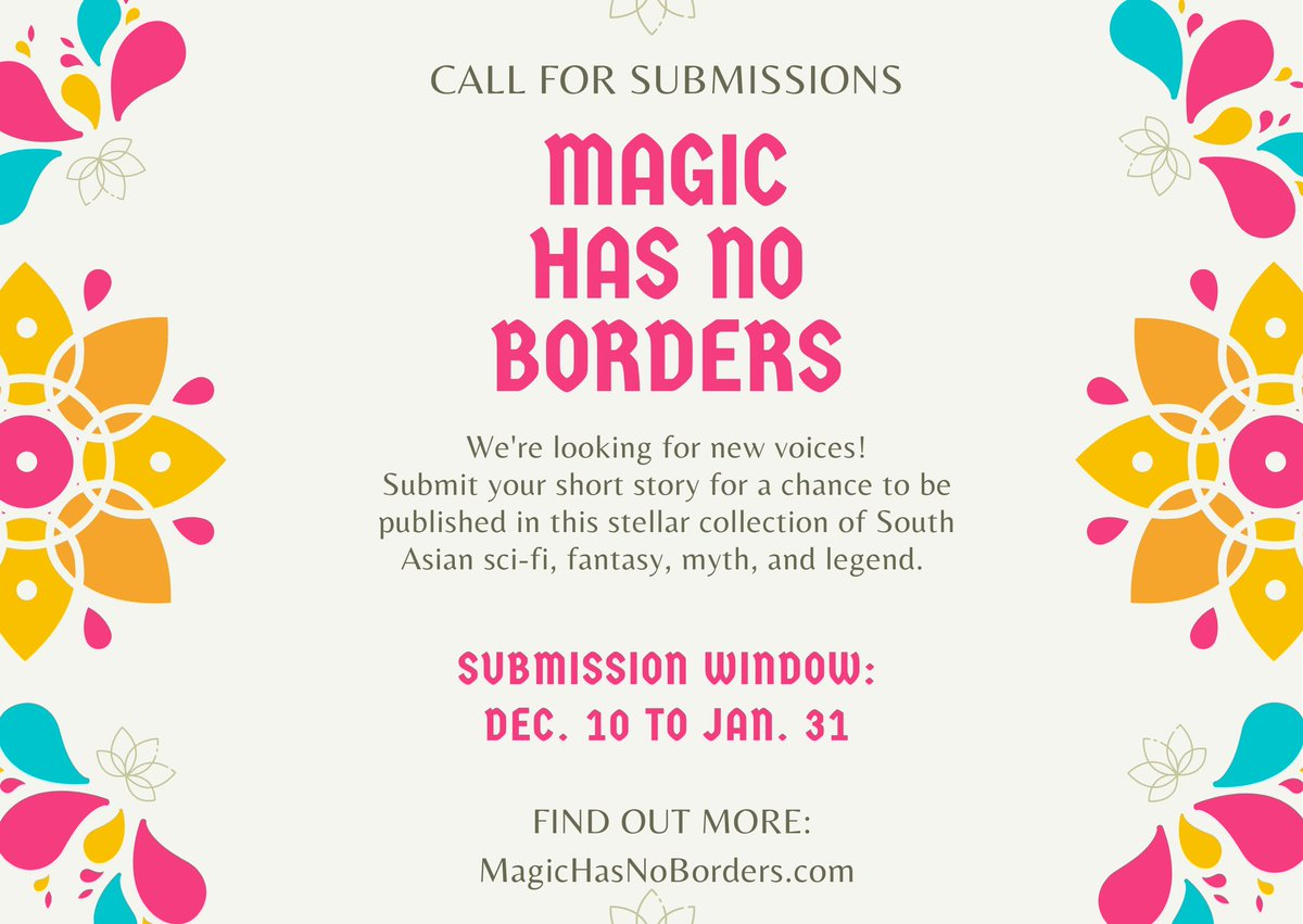 So thrilled to announce the open call for writers for #MagicHasNoBorders, the #SouthAsian #YA #SFF anthology I'm editing with @sam_aye_ahm for @harperteen! Find out how you can submit a story to be considered at MagicHasNoBorders.com. The sub window is open from 12/10 to 1/31!