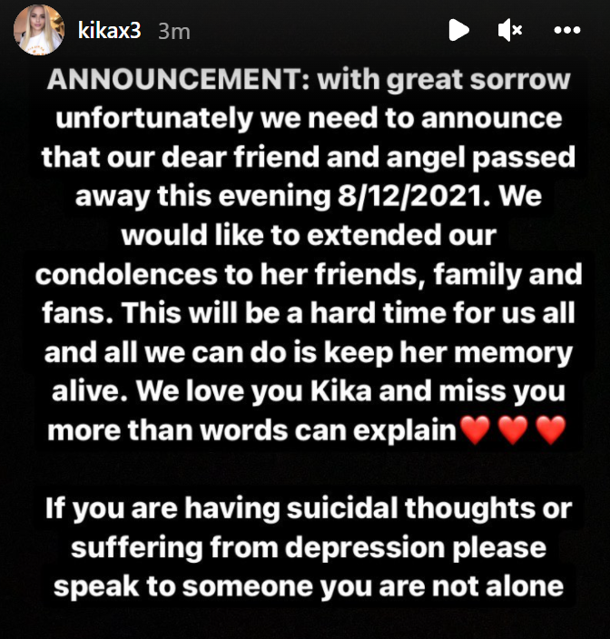 JakeSucky's tweet photo. With great sadness, CSGO streamer known as K1KA passed away last night, with her family and friends posting this on her Instagram. She was just 21 years old, Rest in Peace. https://t.co/yxAxI5nudh
