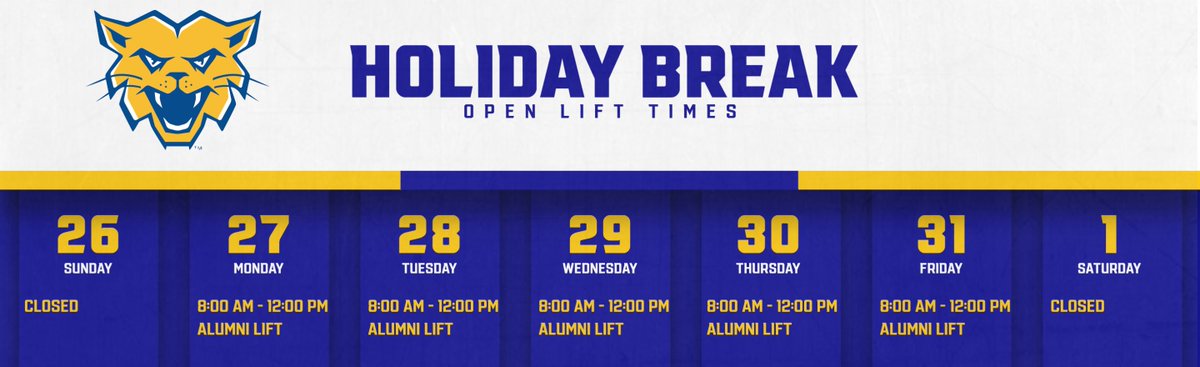 Here are the Open Lift Times for all students after the holidays! (Same as alumni hours)