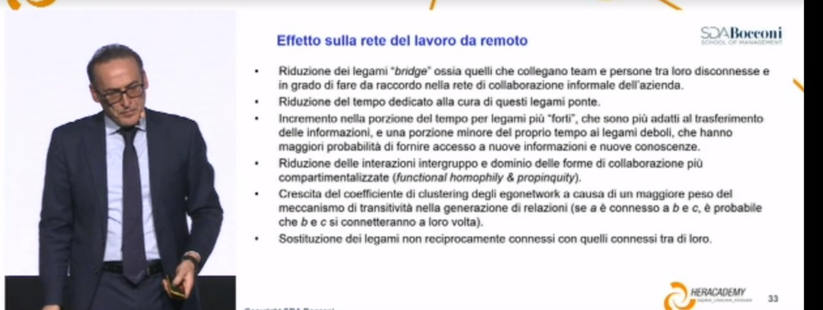 #HeraPerLaRinascitaDelLavoro
"I legami ponte sono venuti meno a causa del #remoteworking, si è ridotto il tempo dedicato alle connessioni con colleghi di altri uffici, è aumentato il tempo dedicato a legami forti che non ci fa accedere a nuove conoscenze".
Grazie, prof. Soda
#ad