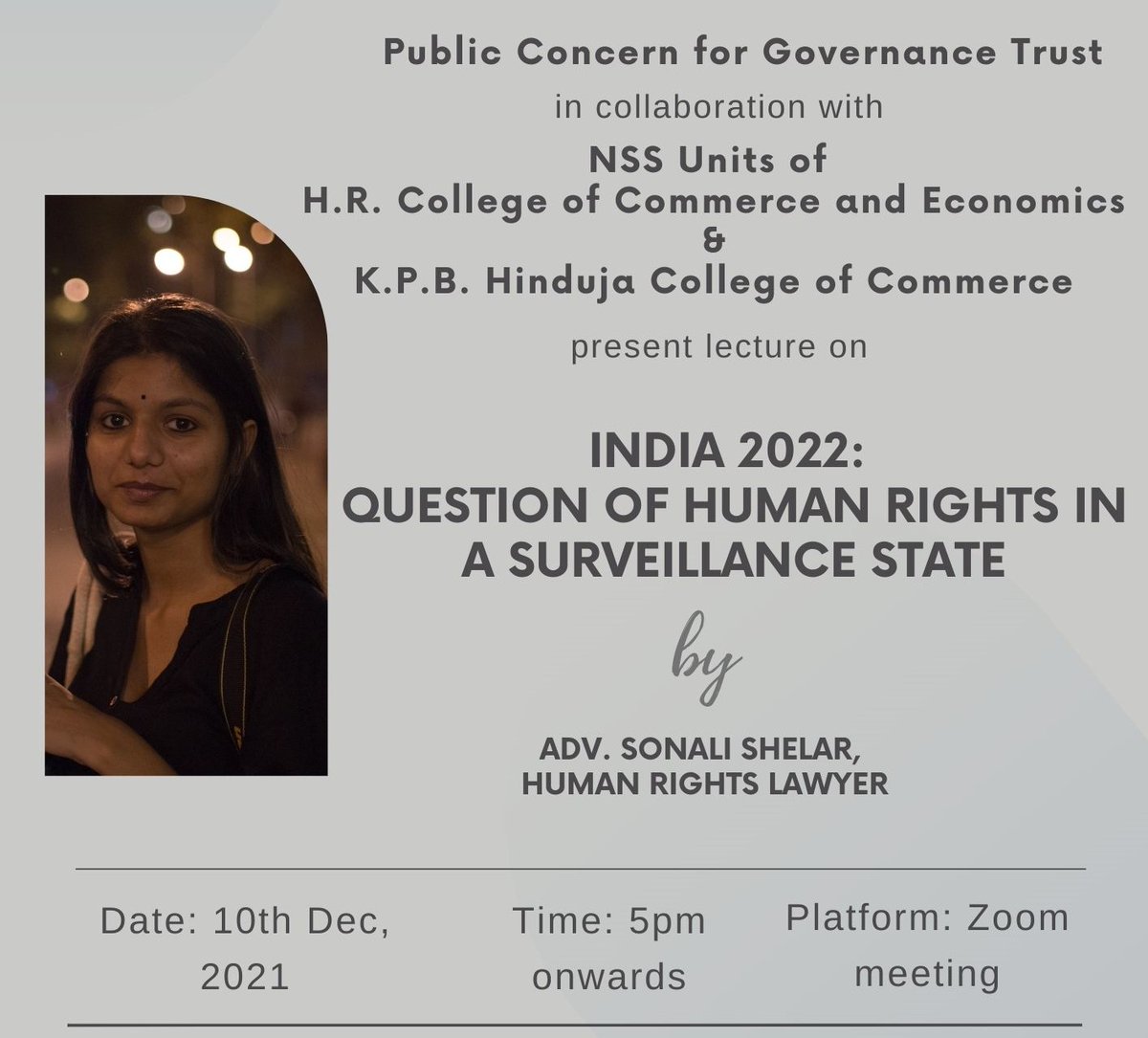 publicconcern's tweet photo. On the occasion of Human Rights Day, we invite Advocate Sonali Shelar @sonalishelar to share her thoughts on the current state of human rights in India. Lecture scheduled at 5PM, 10 December 2021. https://t.co/Q3Kdi7vXBy