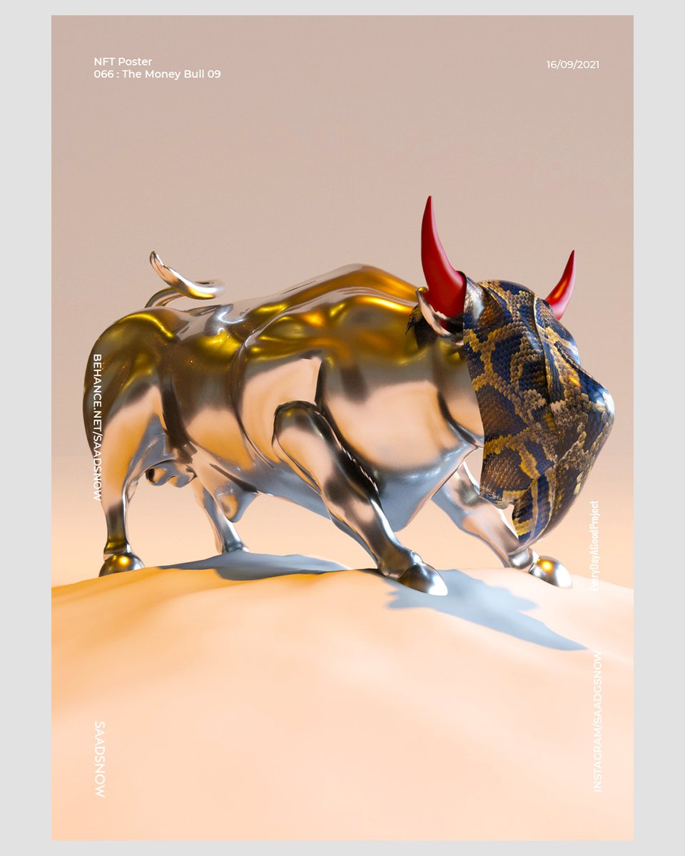 GamraniSaad's tweet photo. Money bull
.
.
.
.
.
.
.
#NFT #arnoldrender #tyflow #redshift3d #conceptart #dailyrender #mograph #cinema4d #motiondesigners #motiongraphics #mdcollective #mgcollective #contemporaryart #artexhibition  #scifiart #magicfabricblog #c4d #howiseedatworld #maxonc4d #synthwave https://t.co/vteDHdCMuz