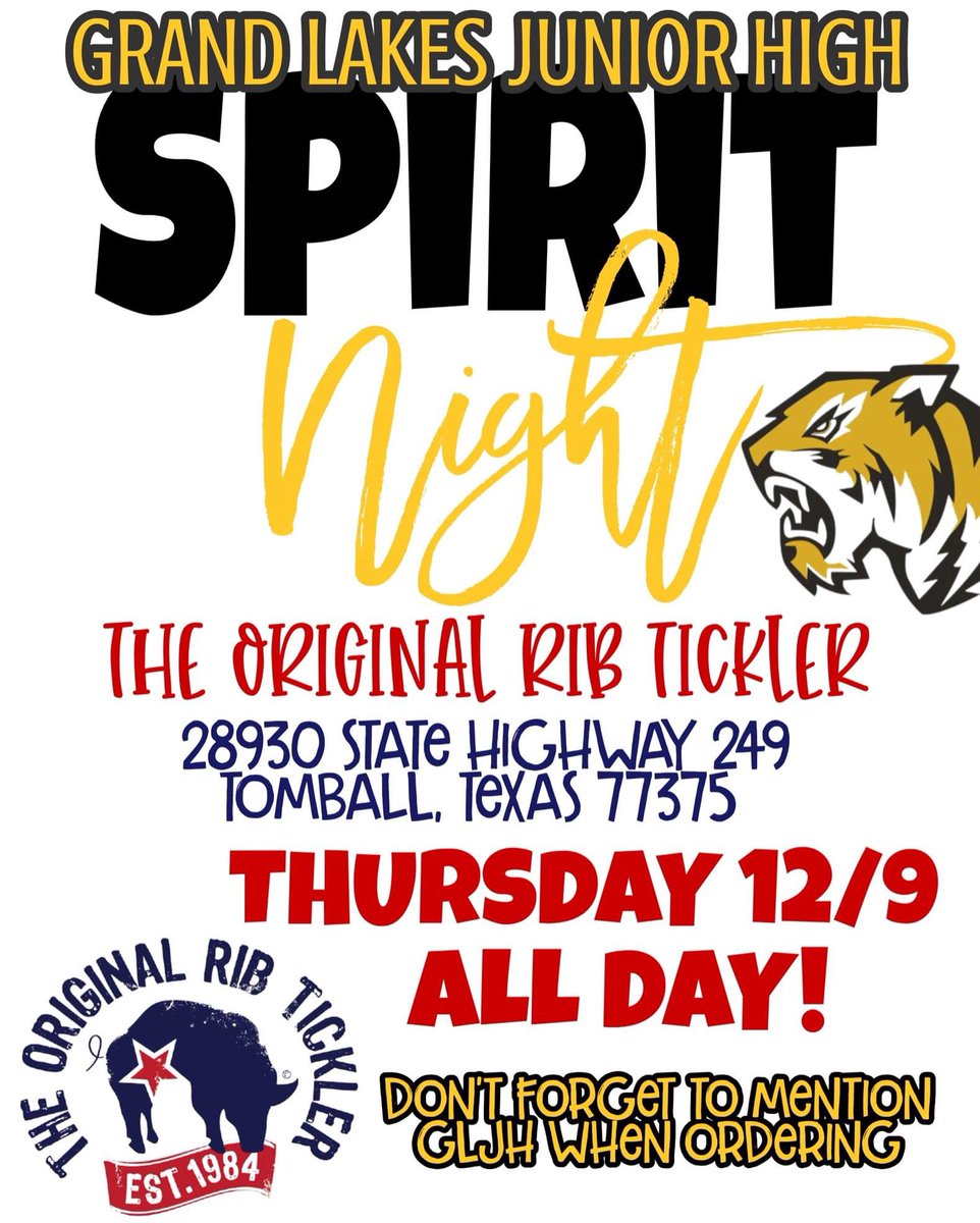 NaeTheRealtor's tweet photo. Take out Thursday is full effect! Head over to The Rib Tickler (or give them a call) to place your lunch or dinner order! Don't forget to mention GLJH when ordering! We appreciate your support! #gljh #community #spiritnight #allday #tisd #bbq #lunch #dinner #tomball https://t.co/Fk4NcL8zTw