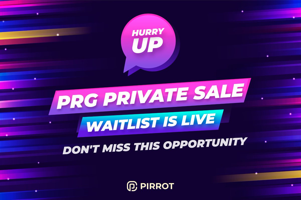 🎉PIRROT GAME PRIVATE SALE 
WAITLIST IS LIVE. 🎉

 ⏰START DATE 09/12/2021  06:00 UTC,pm

⏰END DATE 10/12/2012. 09:00 UTC.

🌀Pirrot Game will sell the PRG 30,000,000 on private sale  before getting listed on a Hotbit exchange. 

☪WAITLIST FORM BELOW

share-eu1.hsforms.com/1O5GP3d6BQuGJ5…