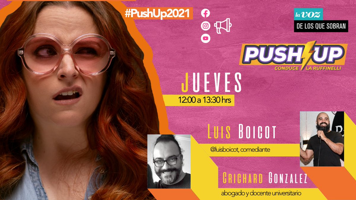 losquesobrancl's tweet photo. Hoy en #PushUp2021 con @bruffinelli en el matinal de los flojos:
⚡ Luis Boicot @luisboicot, comentando los titulares.
⚡ Crichard Gonzalez, abogado y docente universitario
⚡ Columna con Álvaro Cipagauta y Cristian Campos #ConcilioGrafico
En vivo:
https://t.co/Pfjut1aOsk https://t.co/tjsYwEU4ub