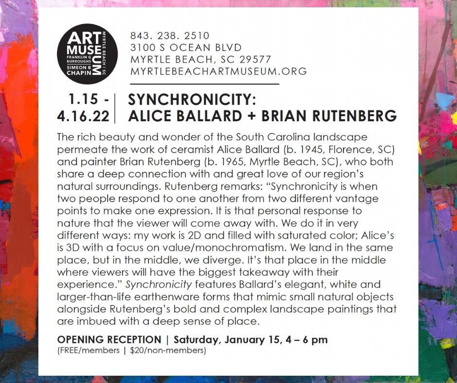 brianrutenberg's tweet photo. Dear Friends, My show at Myrtle Beach Art Museum opens on Saturday, January 15 from 4-6p. I will be exhibiting with ceramicist, Alice Ballard. We will give an informal talk on Sunday the 16th in the late morning. Come say hi and support my hometown art museum. Love, Bri https://t.co/ekBWaFNHYk