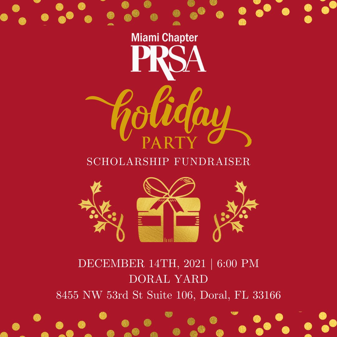 Celebrate the holidays with #PRSAMiami while benefitting future PR professionals tomorrow, December 14!🎁

Event fee will be donated to the Ev Clay/PRSA Miami Chapter Endowment Fund. 

PRSA member - $30
Guest - $30
PRSSA student - $20

Register today: bit.ly/3dBr30S