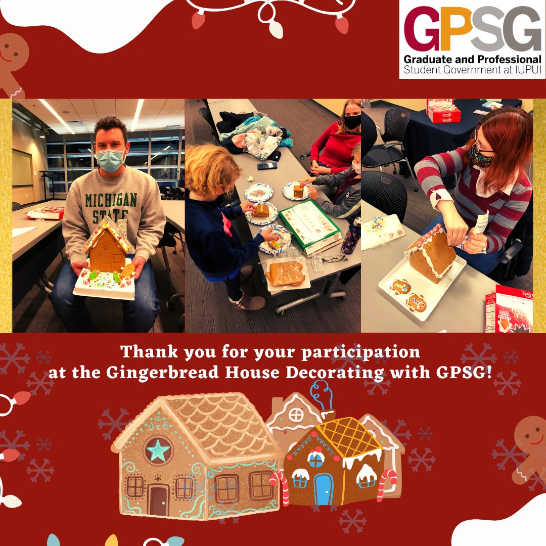 GPSG_IUPUI's tweet photo. Thank you all for participating in our gingerbread decorating event, both at home and in-person. If you did receive a kit , we would love to see and share your decorations.
Feel free to tag us @GPSG_IUPUI
.
#gpsg #gradjag #studentwellness #gingerbreadhouse #iupui https://t.co/vDD2maFomS