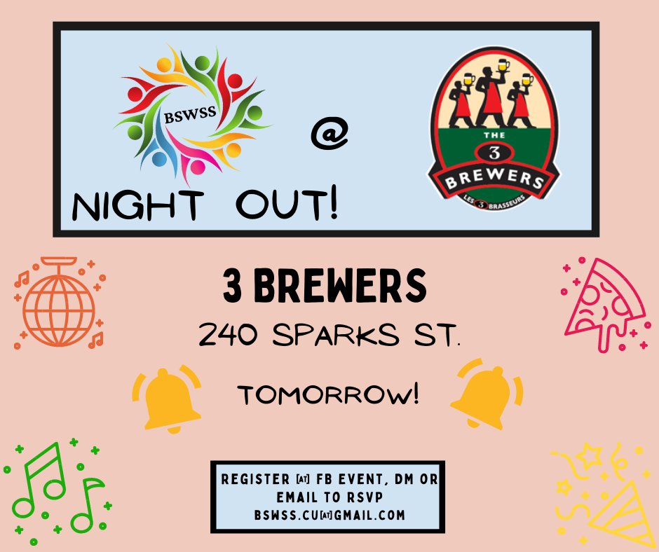 CU_BSWSS's tweet image. Tomorrow!!! 🎉🎉🎉 Come celebrate the end of class with our BSWSS Night Out !!! RSVP on our facebook group or email bswss.cu@gmail.com. Can&apos;t wait to see you there 😊

#carletonuniversity #bsw #socialwork