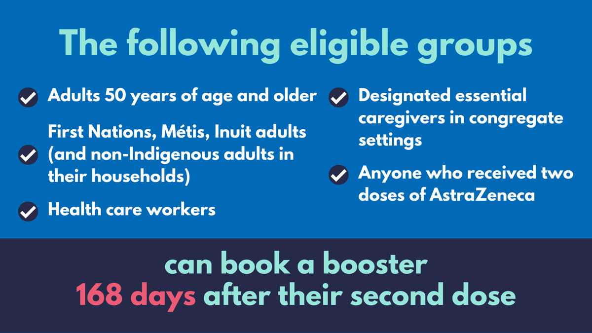 Want to know if you are eligible to receive a third dose of the #COVID19Vaccine? If you belong to a group listed below and are 6 months (168 days) from your second dose, visit our website to book an appointment.
regionofwaterloo.ca/GetVaccinated