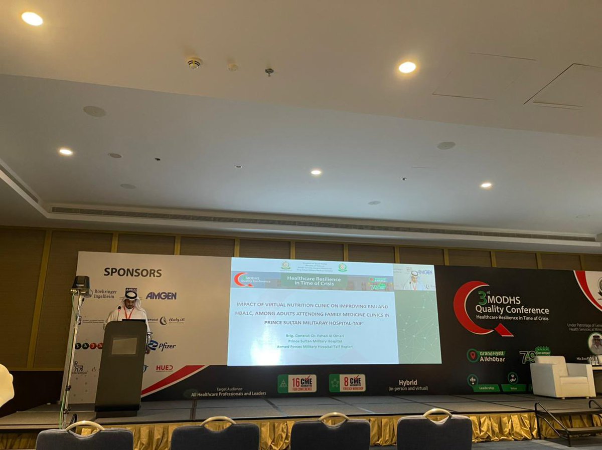 noura4's tweet photo. Presenting Best QI project 2021  “ impact of Virtual nutritional clinic in improving BMI and HBA1C “by Dr Fahad Alomary CEO of Prince Sultan Military Hospital in Taif #3rd_MODHS_Quality_Conference https://t.co/IAAaE4sII3