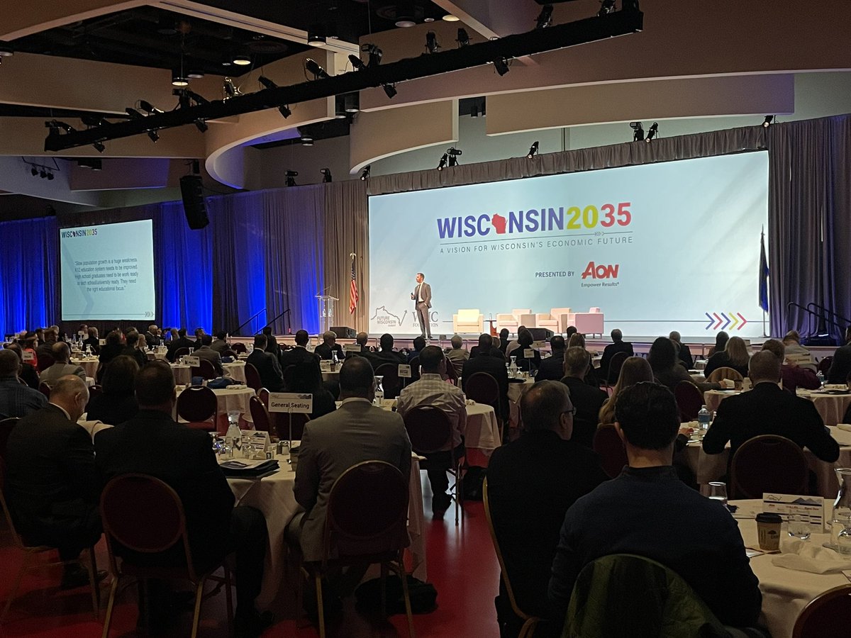 WisconsinMC's tweet photo. RIGHT NOW: @WadeGoodsell unveils @wmc_foundation’s Wisconsin 2035 Report! The report cites the workforce shortage as the greatest economic challenge facing Wisconsin &amp; outlines solutions to grow our state’s talent pool! #FutureWI https://t.co/4mVq2WVGyG