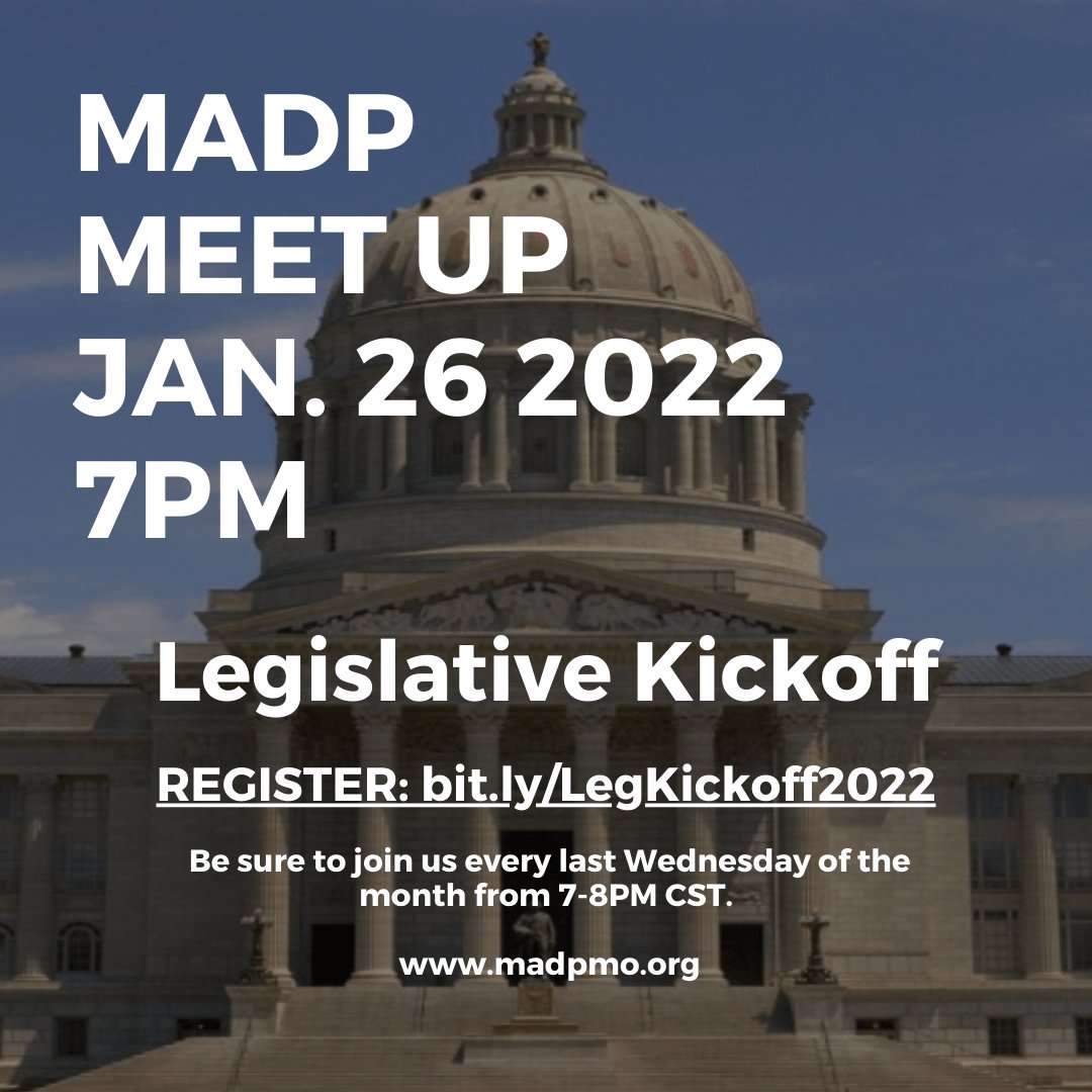 MADPMO's tweet photo. MADP Meet Ups are back starting with a 2022 Legislative Kickoff!
Join MADP 1/26/22 at 7PM CST.
Register: https://t.co/ULMZm5cCZK 1/
#MADP #MeetUp #Missouri #AbolishTheDeathPenalty #MonthlyMeeting #TakeAction #LegislativeKickoff #Legislation #Policy #MoLeg #StateHouse #Advocacy https://t.co/nXwt984DVX