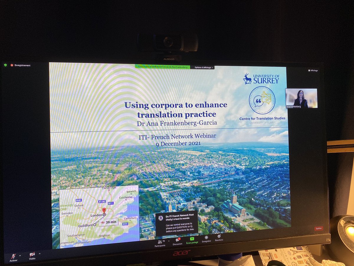 OSingier's tweet photo. Early start today with a great webinar by @AnaFrankenberg « Using corpora to enhance translation practice ». Thanks @FrenchNet_ITI for organizing this! #corpora #translationpractice https://t.co/8UNIG5CasM