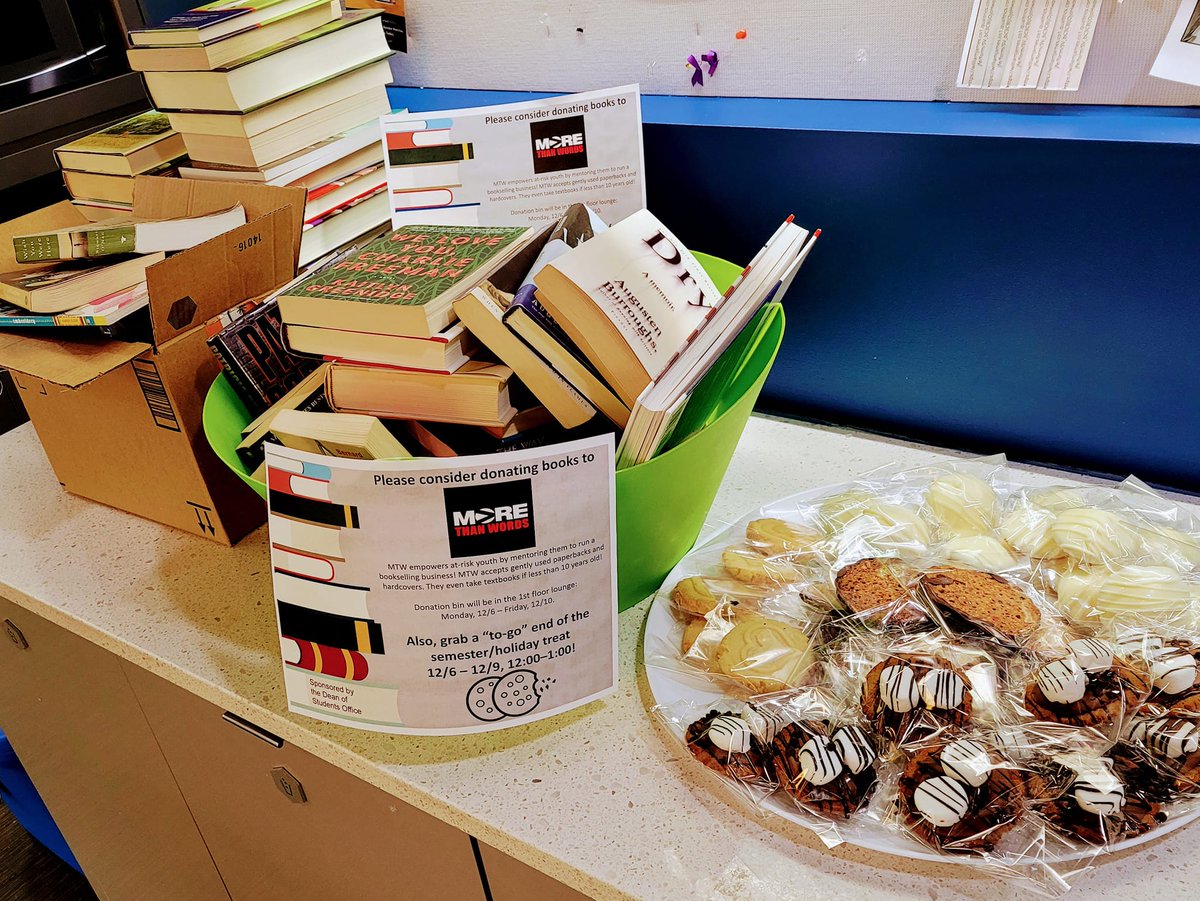 Book donations welcome through tomorrow, but today's the last day for cookies! Come by the 1st fl. from 12-1 for a wrapped 'to-go' treat to celebrate the end of the semester! #community