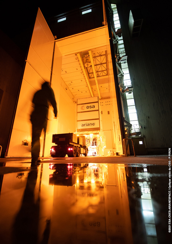 The James Webb Space Telescope is transported to the final assembly building at Europe's Spaceport to meet its launch vehicle.