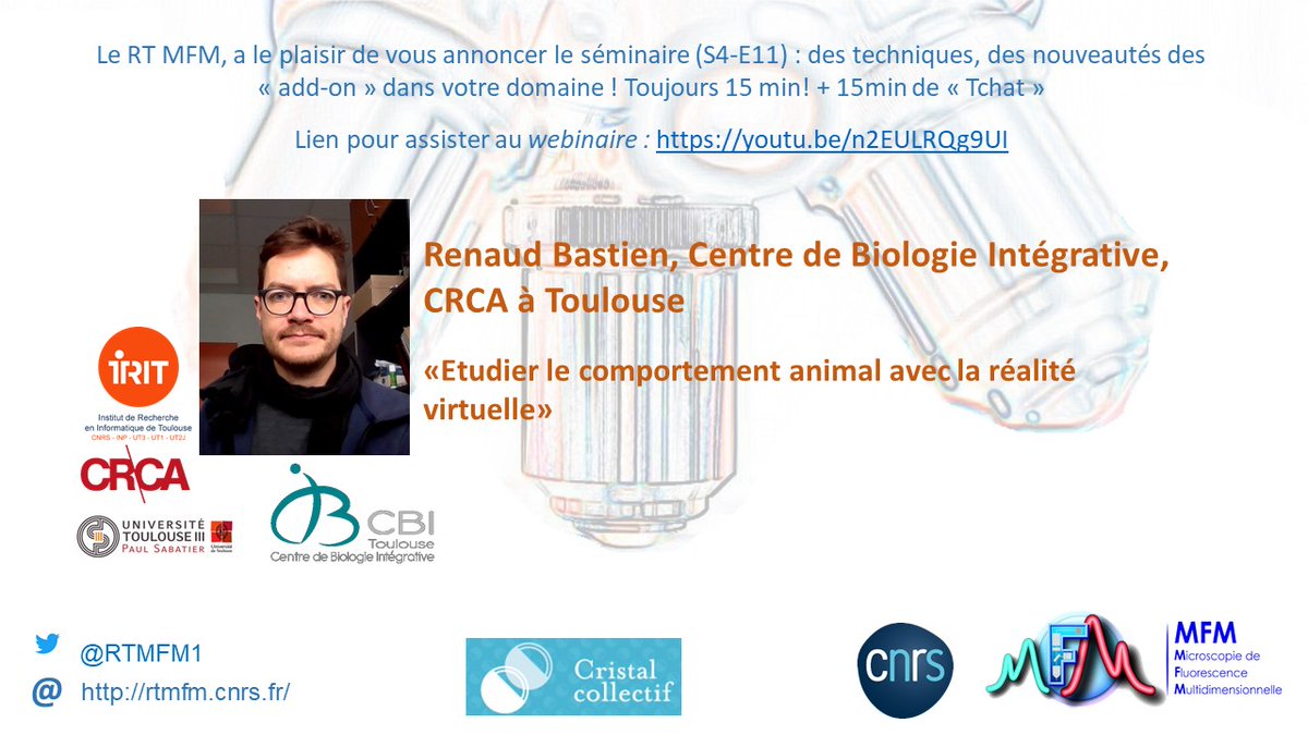MRtmfm's tweet photo. Bonjour, les "petits webinaires du RTmfm" ont le plaisir de vous annoncer le webinaire de Renaud Bastien du Centre de Biologie Intégrative à Toulouse : "Étudier le comportement animal avec la réalité virtuelle"pour mardi 14 décembre toujours à 11h.
lien: https://t.co/9hCuVRwQb4 https://t.co/tX8fIqttNL