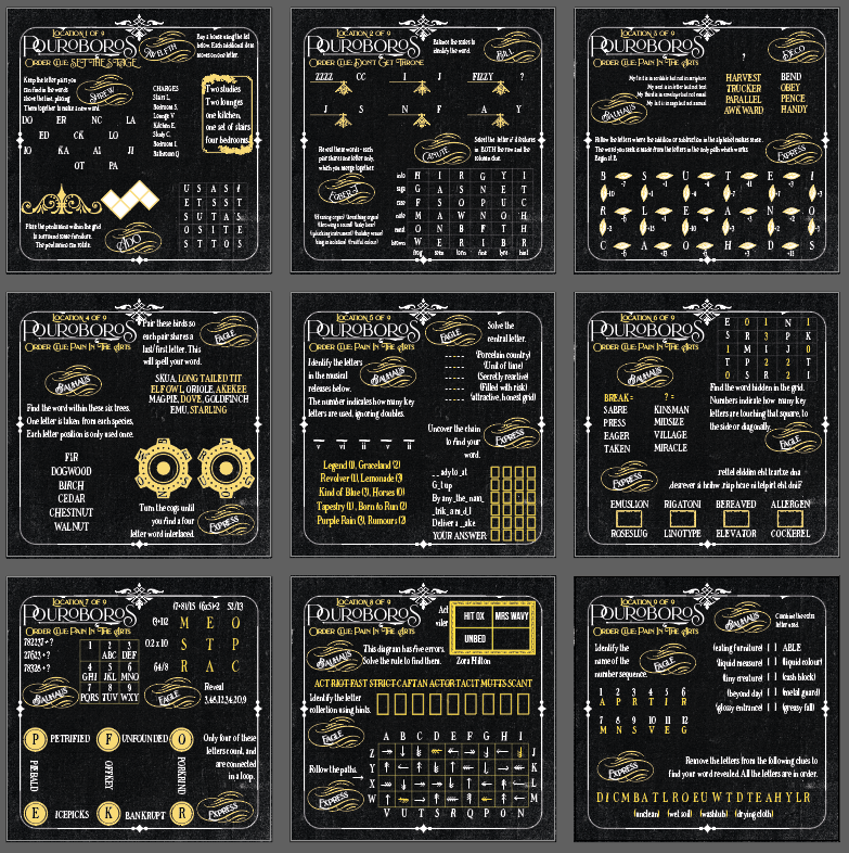 enigmailed's tweet photo. Incredibly satisfying to see all the #pouroboros images together finally. And now WE PRETTIFY THEM.
Keen to play? We are aiming to send these out in the new year! Preorder now at https://t.co/tF3mjEeVGi
#puzzles #puzzlemaker #kickstartergames #london #what3words #what3wordsapp https://t.co/pi03fL1Qot
