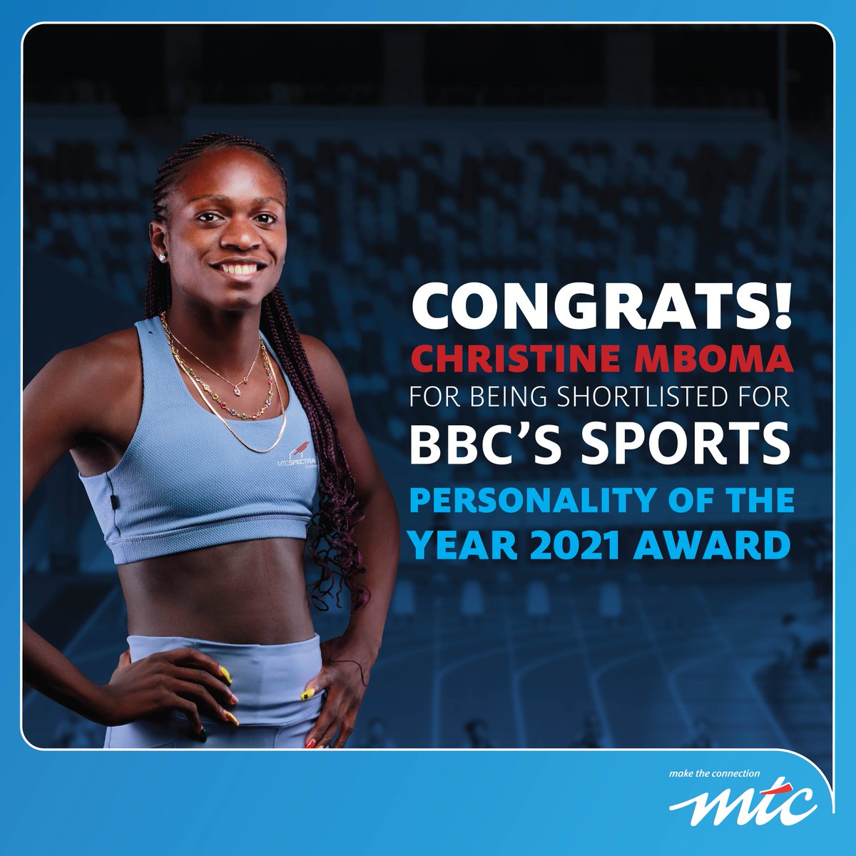 MTCNamibia's tweet photo. One of our golden girls, Christine Mboma, is nominated for a BBC African Sports Personality of the Year 2021 Award! 
Let’s show our support by voting for her at https://t.co/9RwAmeJsNb. 
Voting ends on the 19th December 2021. https://t.co/mbpNymUJhv