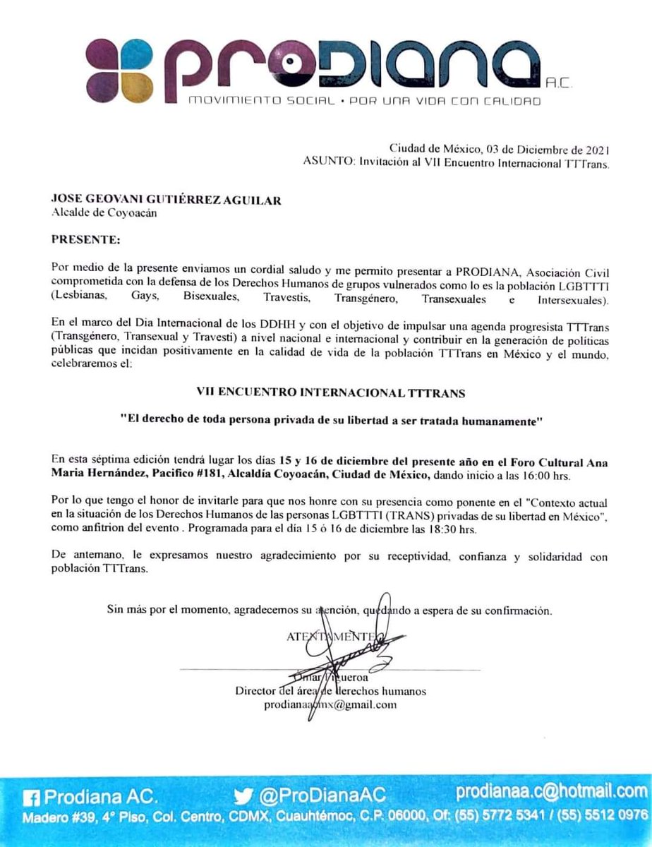 ColchadoRodrigo's tweet photo. Estimado Alcalde @giogutierrezag le agradezco su apoyo para poder realizar este importante encuentro internacional sobre acceso a la justicia de las personas de la diversidad en la @Alcaldia_Coy  que usted gobierna y así mismo esperamos contar con su presencia https://t.co/KPVBKaYLnx