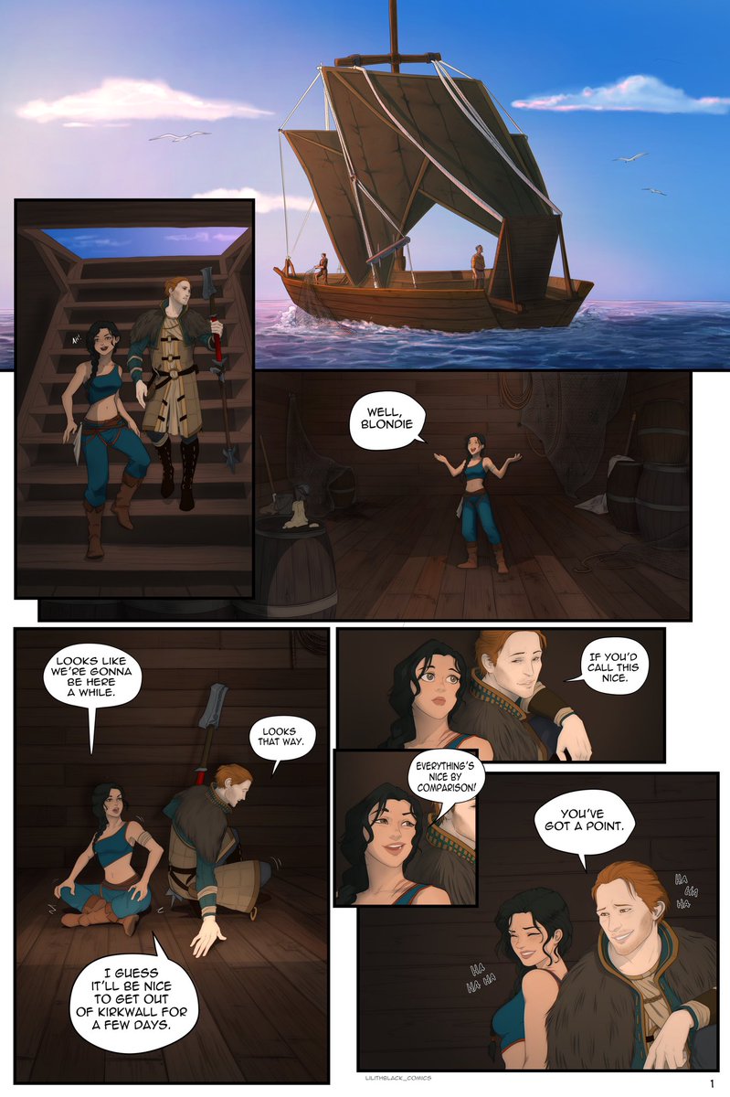 AlsoAMage's tweet image. A favorite rp moment from early in my Dragon Age 2 D&amp;amp;D campaign 🥺💕

Varric chartered a boat to get these two away from the city when the Templars were investigating a crime that they were *definitely not* involved in.

Art by lilithblack_comics on Instagram