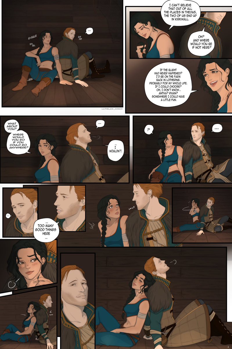 AlsoAMage's tweet image. A favorite rp moment from early in my Dragon Age 2 D&amp;amp;D campaign 🥺💕

Varric chartered a boat to get these two away from the city when the Templars were investigating a crime that they were *definitely not* involved in.

Art by lilithblack_comics on Instagram
