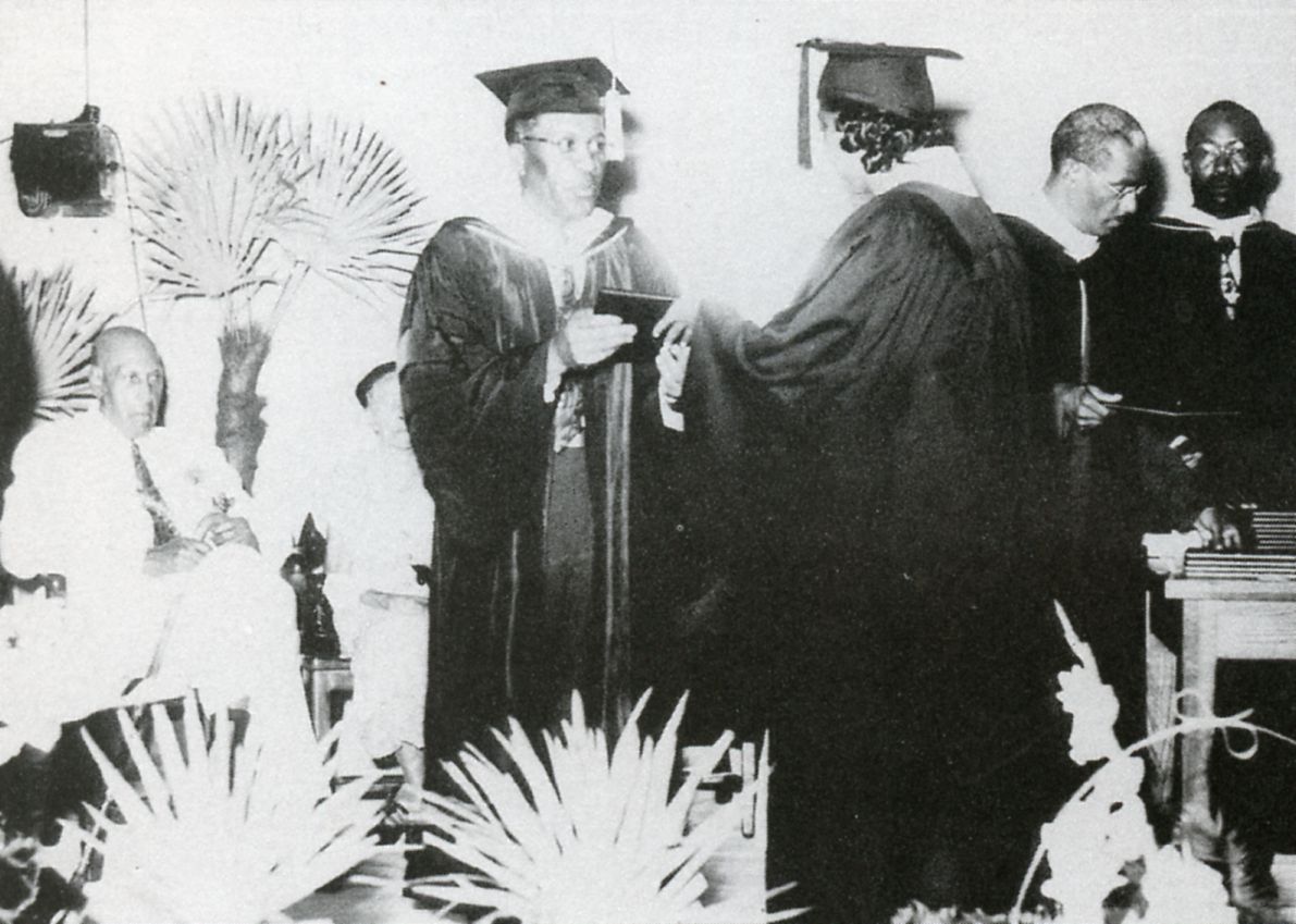 Grambling1901's tweet photo. Are you ready to walk the stage? Here's a look back at our 2nd president, Ralph W.E. Jones, handing out diploma's while our founder and 1st president, Charles P. Adams sits in the background. Our grads walk next week. Find more info at https://t.co/W6hkenwn8R #TigerFiles https://t.co/ffQmAX6B4v
