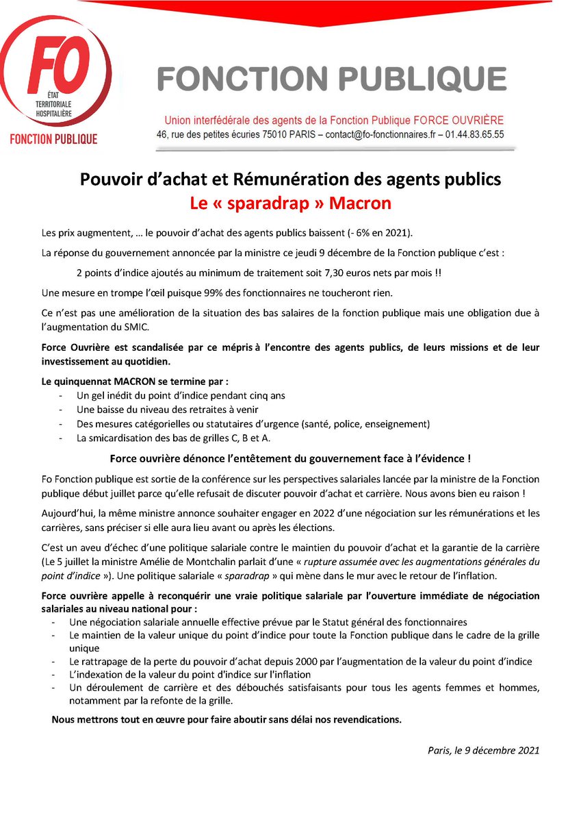 FOFonctionnaire's tweet image. #Communiqué FO Fonction Publique| Pouvoir d'achat et Rémunération des #agentspublics: Le "sparadrap" @EmmanuelMacron !

Force Ouvrière est scandalisée par ce mépris à l'encontre des agents publics, de leurs missions et de leur investissement au quotidien.