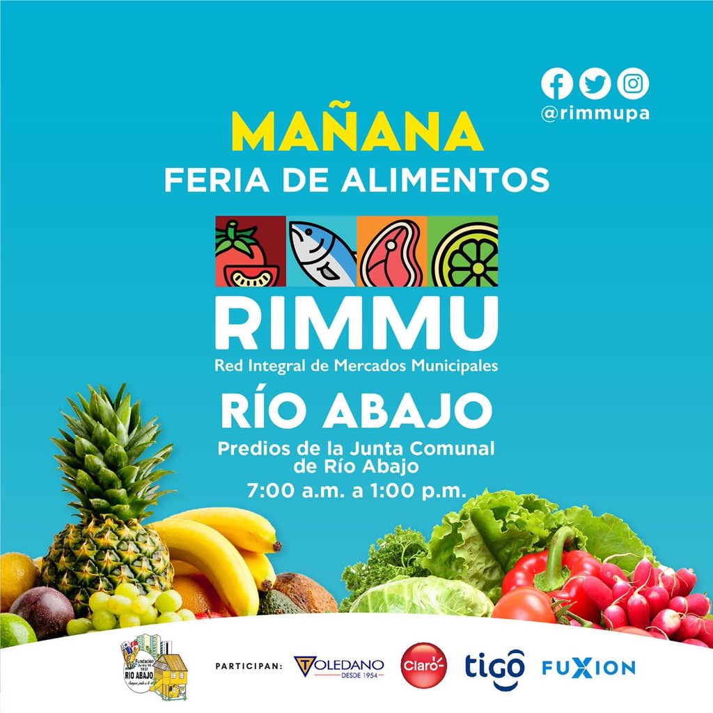 rimmupa's tweet photo. Mañana llega la Feria de Alimentos RIMMU a los predios de la Junta Comunal de Río Abajo.

Más cerca de ti con productos frescos, de calidad y a
precios bajos.

¡Te esperamos!

#rimmupa
#feriadealimentos
#rioabajopanama https://t.co/f7FzmUAIkj