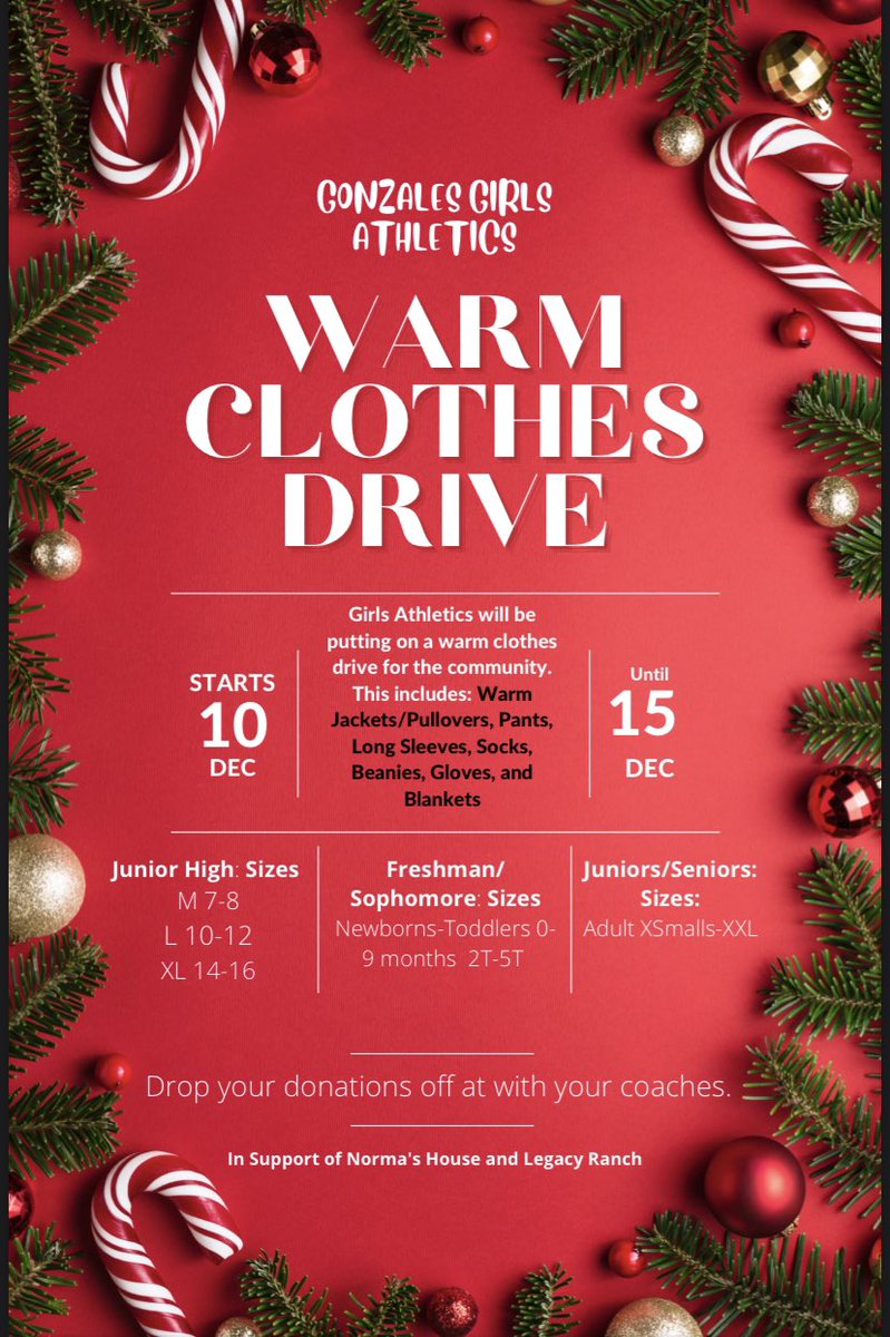 GonzalesApache's tweet photo. Girls Athletics is doing Warm Clothes and Boys Athletics is doing Toys! Let’s pull together to give these kids a Christmas they deserve. 🧡 #loveyourcommunity 
Feel free to donate anything!!! https://t.co/caEqxyucX3