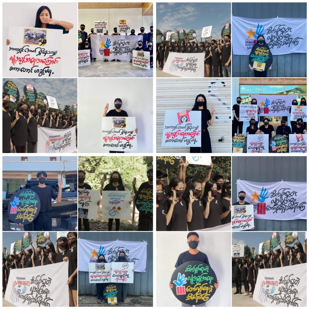 miN13700's tweet photo. Kachin youths in the liberated areas took part in the "Take over the lost Human Rights with this Revolution" Campaign for #HumanRightsDay which falls on December 10.

#Total_StopSponsoringSAC 
#Dec9Coup
#WhatsHappeningInMyanmar https://t.co/Uv8HIULcqE