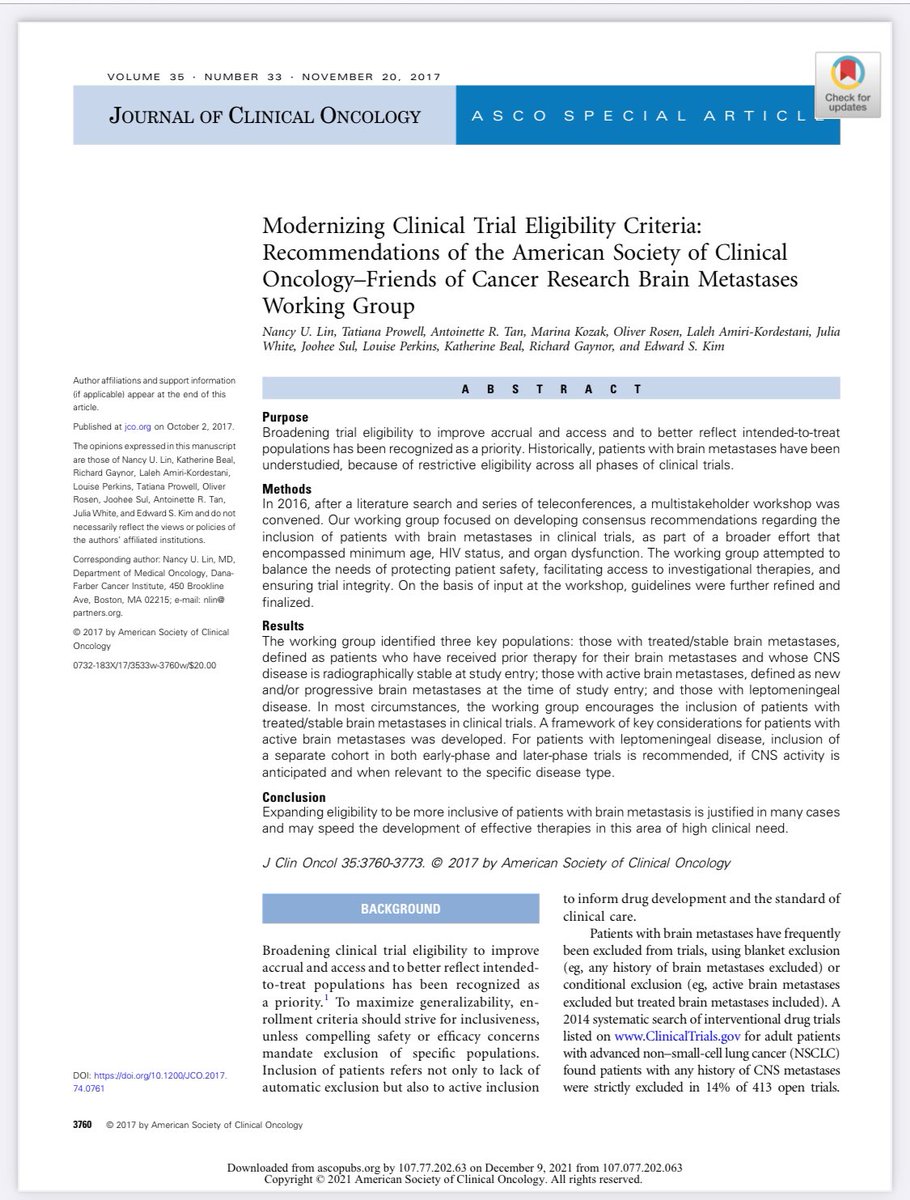 #SABCS21 #bcsm
If the progress for patients with #brainmets is inspiring you to rethink your #MBC #clinicaltrials, we have prev published a framework for their safe &amp; rational inclusion. Authors representing #OncTwitter, industry, #advocacy, &amp; #regulatory. ascopubs.org/doi/pdfdirect/…
