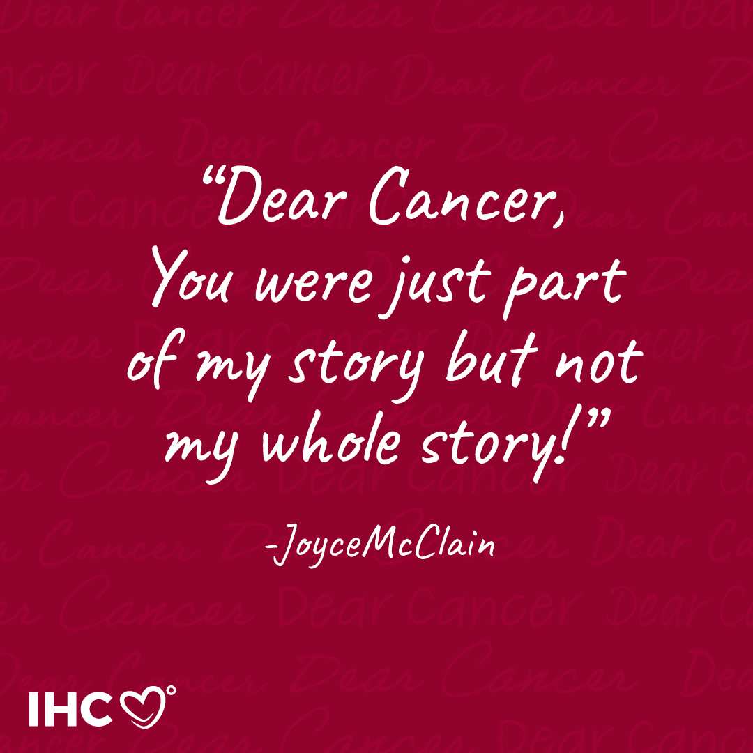 ihadcancer's tweet photo. "Dear Cancer, you were just part of my story but not my whole story!" 
- JoyceMcClain

What do you have to say to cancer today?

#cancerstories #stories #ihadcancer #lifebeyondcancer #dearcancer #notsodearcancer #youngadultcancer #stageivneedsmore #cancersurvivor #cancerthriver https://t.co/My4B8kEg4g