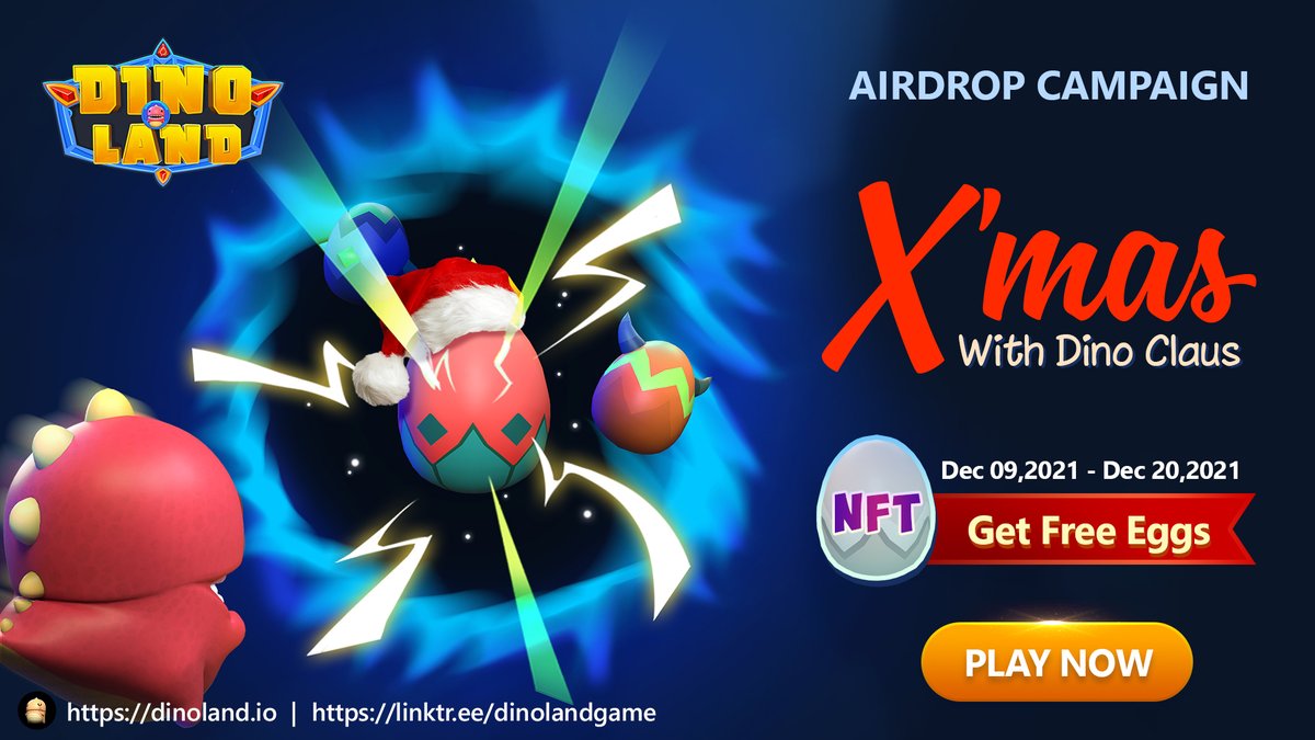 Dinolandgame's tweet image. Steal it or Miss it! 
We are glad to announce that Dinoland ’s officially running the 2nd Airdrop event: X’MAS WITH DINO CLAUS 

Let's join now! 👉gleam.io/Hh61a/xmas-wit…
 
Don’t forget to share it with your friends! 
#dinoland #Metaverse #PlayToEarn #airdrop