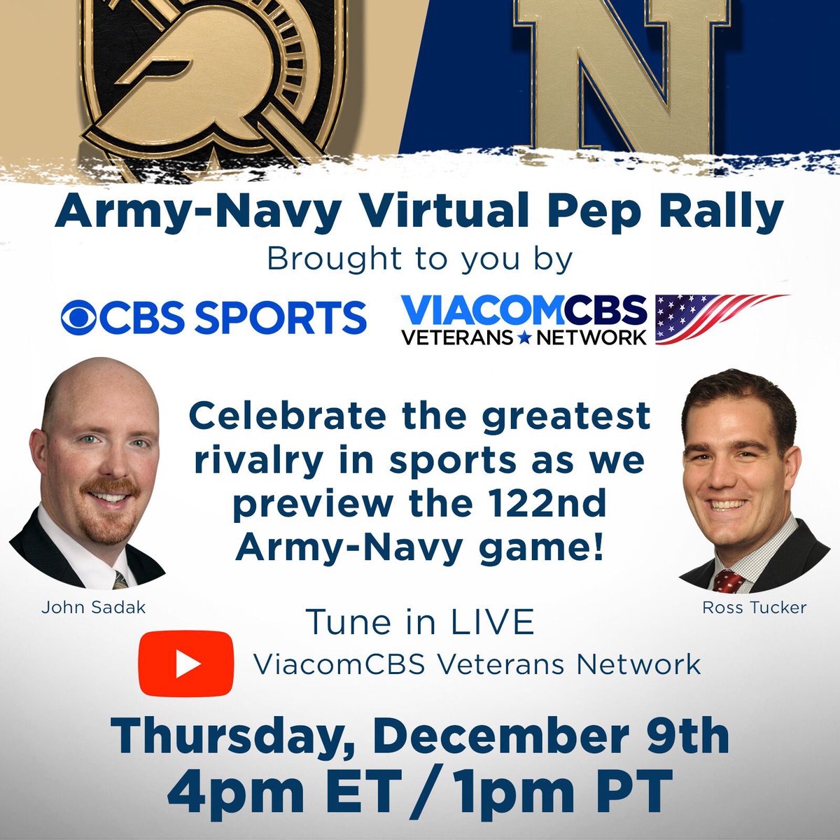 ParamountVetNet's tweet photo. Join us TODAY 12/9 at 4 ET/1 PT Celebrate the greatest rivalry in sports as we preview the 122nd Army-Navy game hosted by @johnsadak &amp; @RossTuckerNFL Tucker of @CBSSports Live interviews! Spirit Messages! &amp; Military Appreciation!
Watch here: https://t.co/IdrAXYdSwu #ArmyNavyGame https://t.co/ll8EpbQ7GM