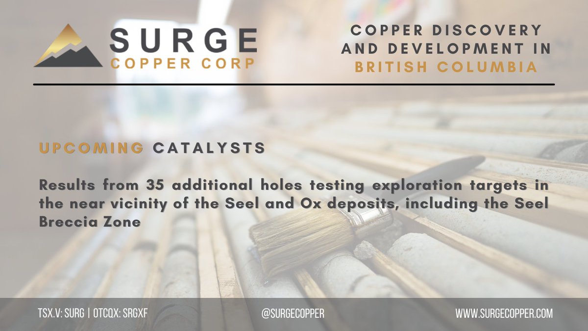 SurgeCopper's tweet photo. Upcoming Catalysts | 35 additional holes testing exploration targets near the Seel and Ox deposits, including the Seel Breccia Zone βοΈβ‘οΈ
#Copper #Exploration #BCCopper $SURG $SURG.V $SRGXF https://t.co/IBsJIlVKC6