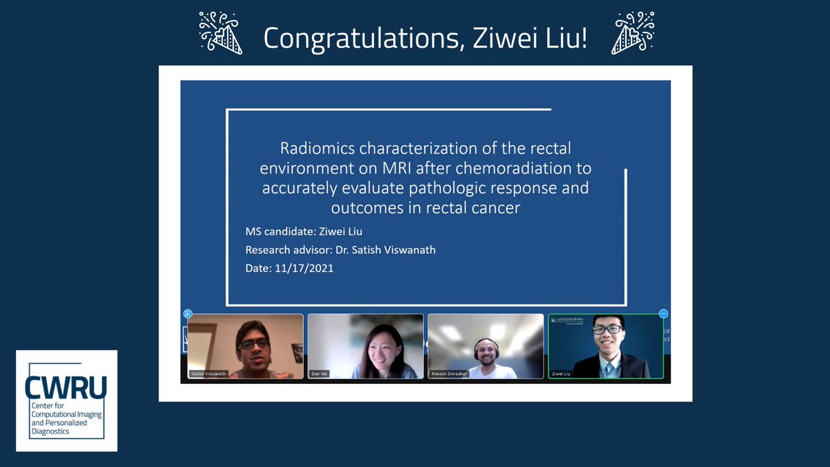 AID2B_CWRU's tweet photo. CCIPD would like to congratulate to Ziwei Liu for successfully defending his Master's thesis on โRadiomics characterization of perirectal fat and the rectal wall on MRI after chemoradiation to accurately evaluate pathologic response and outcomes in rectal cancer.โ #INVentLab https://t.co/oMy31xU0Ta