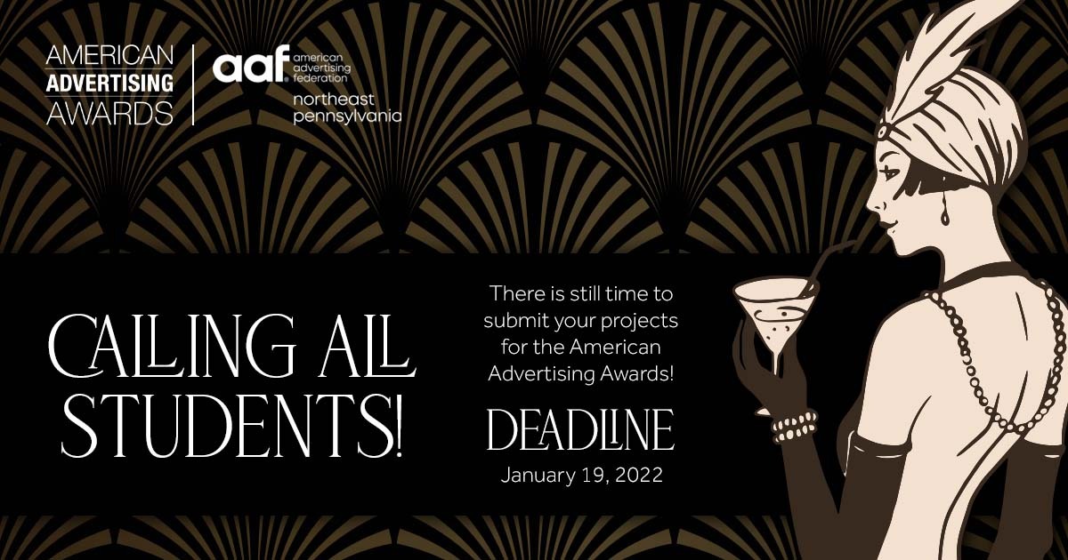 CALLING ALL STUDENTS! The semester may be winding down, but there is still time to submit your projects for the American Advertising Awards. 

The deadline is Jan. 19, 2021 To submit your work, please select the “Enter As A Student” option on our website. ow.ly/cmvx50H79kI