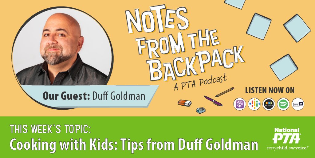 bccptaptsa's tweet photo. Are you raising a budding, young chef? @NationalPTA interviews @FoodNetwork star @DuffGoldman on the latest episode of #BackpackNote. Tune in for parenting advice, cooking tips and fun stories from the celebrity chef! Listen at https://t.co/S39YS28ol3 https://t.co/26AaFaDUHs