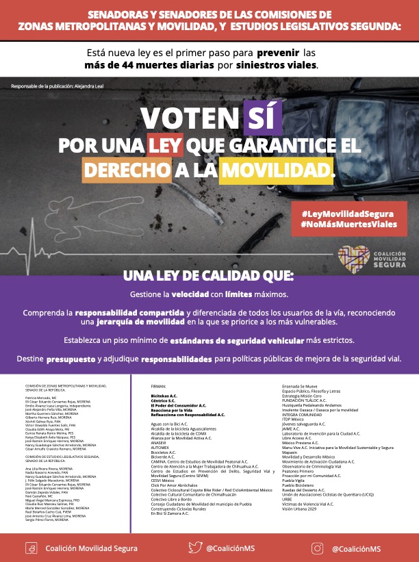 alelealv's tweet photo. Hoy 11:30 se vota dictamen de #LeyMovilidadSegura en @senadomexicano @CoalicionMS
Senadores voten sí:
Límites de velocidad
Responsabilidad compartida y diferenciada
Derechos víctimas
Presupuesto
Seguro obligatorio
@ComisionZ @craviotocesar @patriciamercado https://t.co/Jz6j4ubDMx