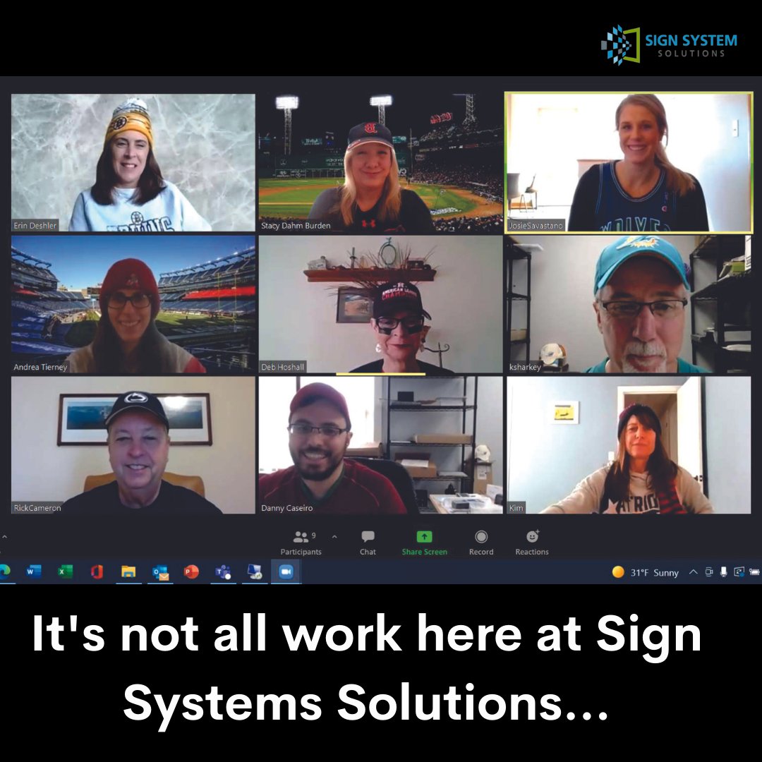 SignSystem1's tweet image. It&apos;s not always all work and no play, we recently held our monthly company meeting on Zoom and invited employees to show their team spirit by showcasing their favorite team swag!  It was nice to add a bit of fun to our workday. 

#teamspirit #wayfinding #signsystems #signage #