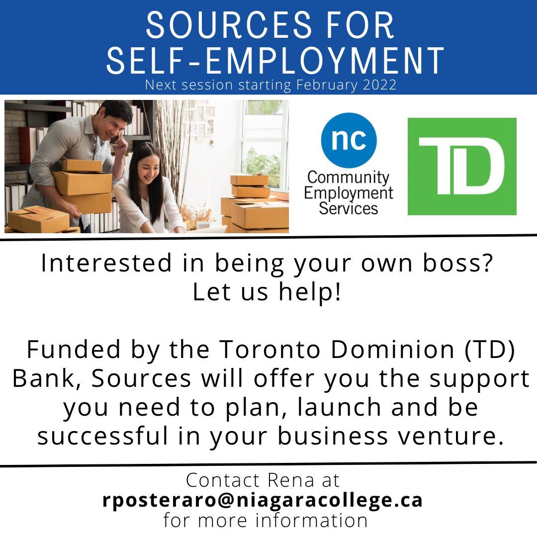NC_CES's tweet photo. Start your small business with a kickstart during our Sources for Self-Employment program! 

Next session starts February 2022! Contact Rena at rposteraro@niagaracollege.ca for more information and to get registered! https://t.co/BnwmV0XPjL