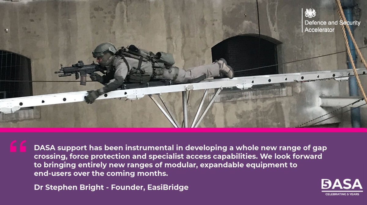 DASAccelerator's tweet image. Jan 2019: DASA supported Easibridge in the development of new gap crossing capabilities. The innovative solution offers a truly portable, long-span rescue bridge which is 85% lighter, 80% more compact, and 20x cheaper than existing options. ow.ly/4xYp50H5fUi  #DASA5Years