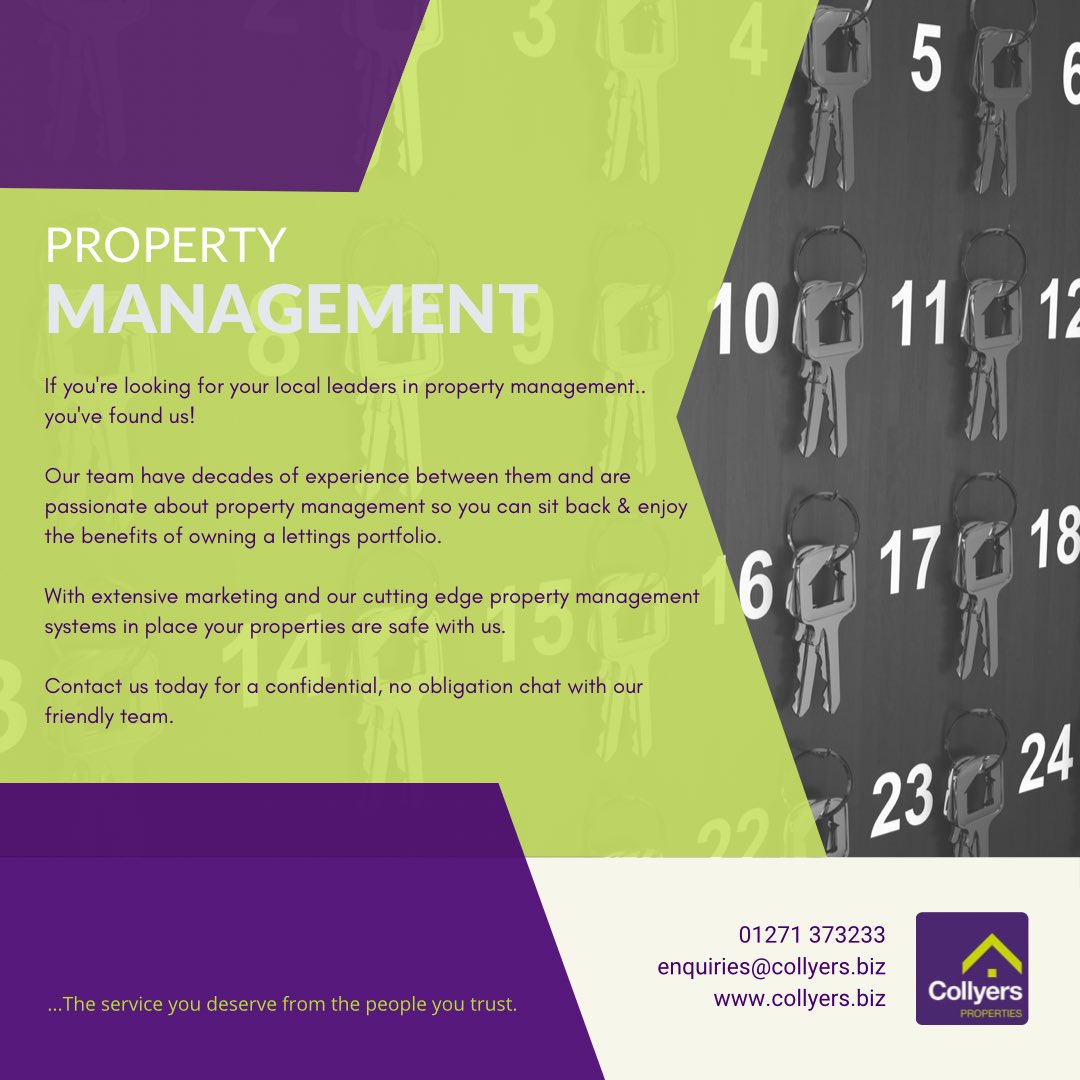 🔑 PROPERTY MANAGEMENT 🔑 

If you’re a landlord looking for your local leaders in property management.. you’ve found us! 

☎️ 01271 377237 
⌨️ enquiries@collyers.biz 
🧑‍💻 Collyers.biz