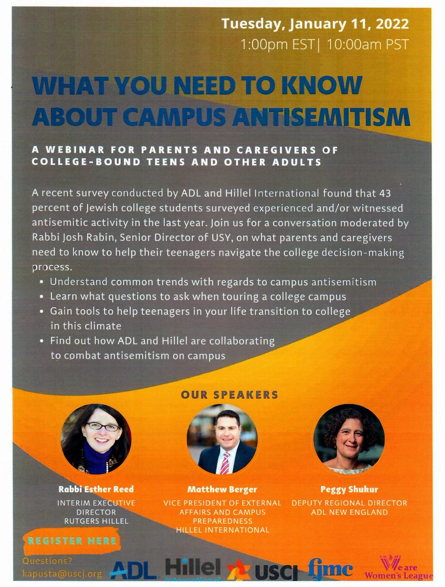 FJMC_HQ's tweet photo. What You Need To Know About Campus Antisemitism
Tuesday, January 11, 2022
1:00PM EST | 10:00AM PST
Register Today! https://t.co/urSs91yi5n
Jointly sponsored by the FJMC, ADL, Hillel International, 
USCJ and WLCJ.
#FJMC #FJMC_hq https://t.co/LObykiFobV